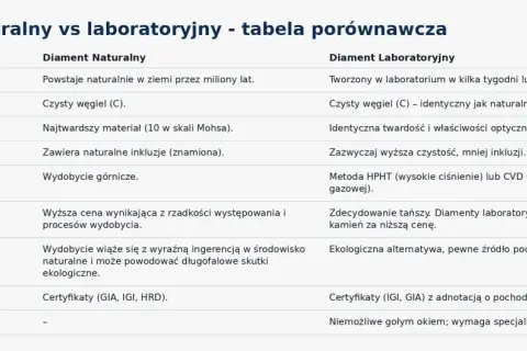 Tabela porównuje diamenty naturalne i laboratoryjne, pomagając jak rozpoznać diament. Różnice dotyczą pochodzenia, ceny, wyglądu i metod produkcji.