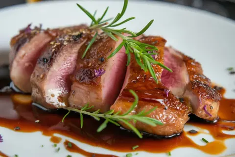 Soczysta pierś z kaczki, idealnie wysmażona, polana aromatycznym sosem i ozdobiona gałązką rozmarynu.