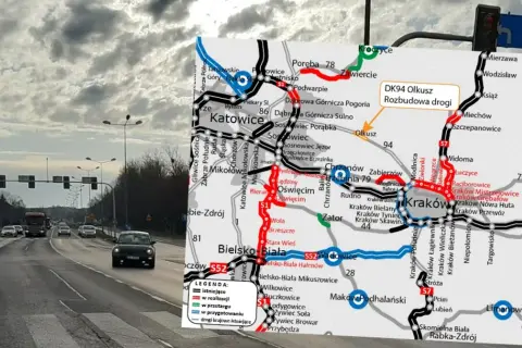 Mapa drogowa z zaznaczoną rozbudową DK94 Olkusz. W tle droga krajowa z samochodami i sygnalizacją świetlną.