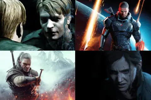 Cztery sceny z gier komputerowych: James Sunderland z Silent Hill 2, Commander Shepard z Mass Effect, Geralt z Wiedźmina 3 i Ellie z The Last of Us Part II.