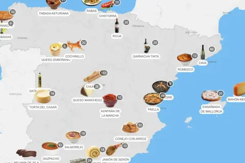 Mapa de España con íconos de comida y bebida que representan los países con mejor gastronomía: empanadas, fabada, cochinillo, quesos, churros, paella, jamón y más.