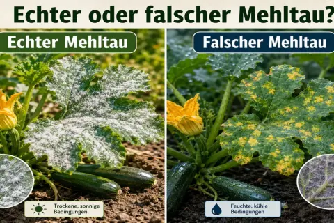 Zucchini-Blätter: Echter Mehltau zeigt weißen Belag, falscher Mehltau gelbe Flecken. Unterscheidung hilft bei der Bekämpfung.