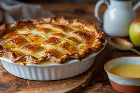 En gyllene äppelpaj med rutmönster på toppen, redo att serveras med vaniljsås. Ett perfekt marsansås recept för hembakad njutning.