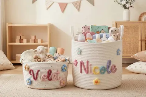 Dwa plecione kosze na zabawki, jeden z napisem "Violet", drugi z imieniem "Nicole", ozdobione kolorowymi kwiatkami i wypełnione pluszakami i akcesoriami dla dzieci.