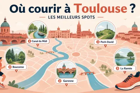 Carte des meilleurs spots pour courir à Toulouse : Canal du Midi, Garonne, Pech-David, Bouconne, La Ramée.