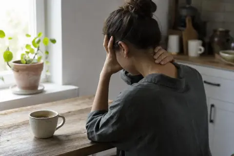 Donna con mal di testa, mani sulla testa e collo, accanto a una tazza di caffè. Forse la caffeina fa male.
