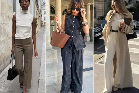 Tre donne sfoggiano un elegante outfit ufficio: pantaloni a palazzo, gilet sartoriale e trench.