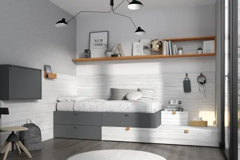 Habitación adolescente chico con cama, escritorio, estanterías y decoración moderna.