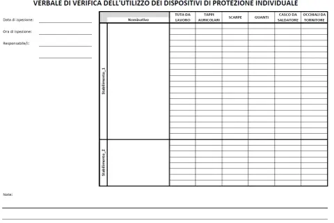 Modulo consegna DPI: verbale di verifica utilizzo dispositivi protezione individuale, con campi per data, ora, responsabile, stabilimento e tipologia DPI.