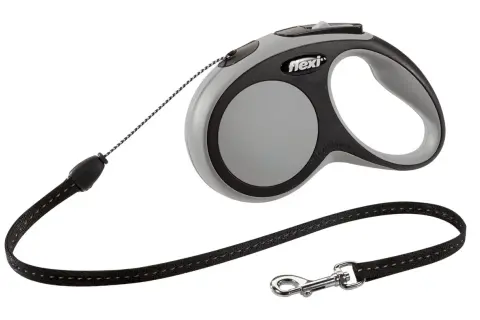 Laisse enrouleur Flexi grise et noire, avec cordon et mousqueton. Idéale pour les promenades de votre chien.
