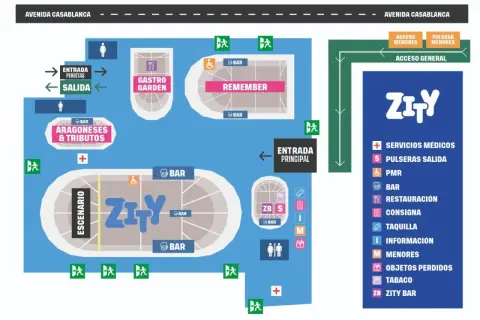 Mapa del recinto Zity: indica entradas, salidas, bares, escenario, Gastro Garden, Remember y servicios como médicos, consigna e información.