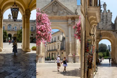 En vacker triptyk av Lecce, Italien. En kvinna går genom en arkad, ett par håller hand under en valv med rosa blommor, och en smal gränd med souvenirer.