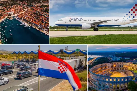 Chorwacja samolotem: widok na miasto z portem, samolot Croatia Airlines, autostrada z bramkami i flaga, amfiteatr w Puli.