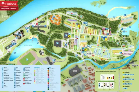 Karta över First Camp Moraparken - Dalarna med reception, hotell, campingplatser, stugor och aktiviteter.