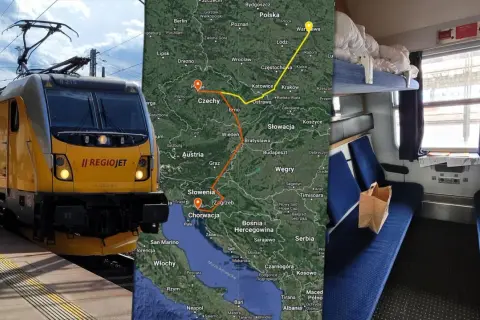 Żółty pociąg RegioJet na torach, mapa Europy z trasą do Chorwacji i wnętrze wagonu sypialnego. Pociąg do Chorwacji czeka!