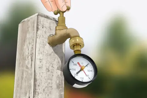 Mano girando la llave de un grifo de latón conectado a un manómetro que mide la presión en el agua.