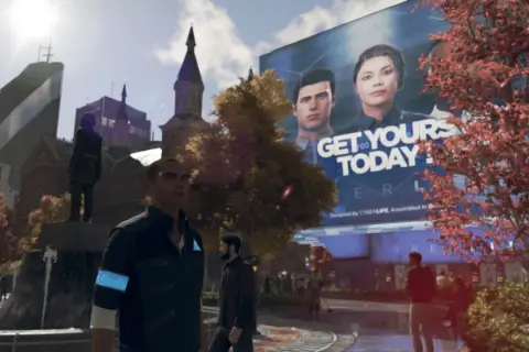 Connor z Detroit: Become Human patrzy na billboard z hasłem "GET YOURS TODAY!". Ile godzin gry przed nim?
