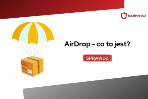 Grafika przedstawia paczkę opadającą na spadochronie, z napisem "AirDrop - co to jest?". Dowiedz się więcej!