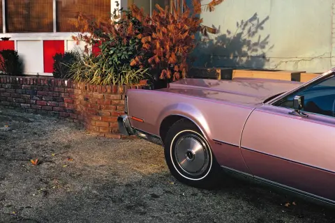 Un'iconica william eggleston foto: una Lincoln rosa metallizzato parcheggiata accanto a un muro di mattoni e un cespuglio autunnale.