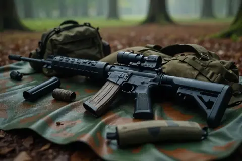 Rifle táctico con mira, cargador y accesorios, listo para operaciones de delta tactics en el bosque.