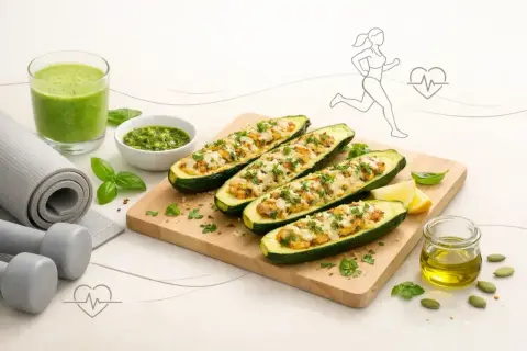 Zdrowe i pyszne cukinie z piekarnika, idealne po treningu. Obok zielony koktajl, pesto i akcesoria sportowe.