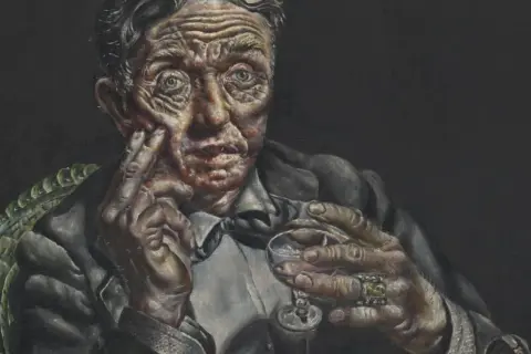 A haunting portrait by Ivan Albright of an aged man with deeply lined skin, holding a glass and resting his chin on his hand.