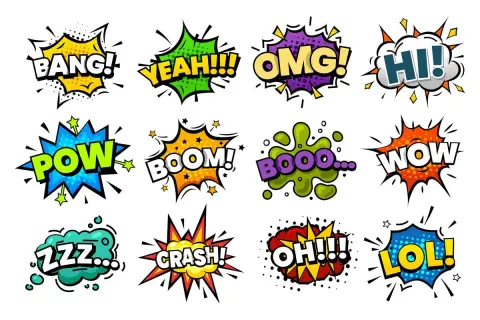 Kolorowe dymki z napisami onomatopeicznymi: BANG!, YEAH!, OMG!, HI!, POW!, BOOM!, BOOO..., WOW!, ZZZ..., CRASH!, OH!!!, LOL!