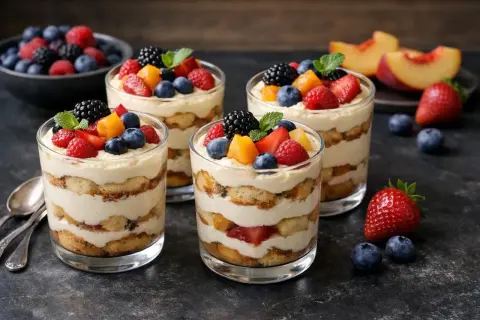 Quatre verrines de tiramisu aux fruits rouges et pêches, un dessert d'été facile et coloré.