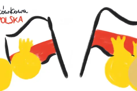 Dwie polskie flagi z żółtymi symbolami przypominającymi sakiewki lub korony.