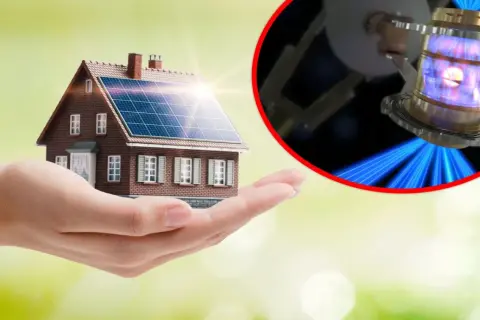 Dom z panelami słonecznymi na dłoni, obok urządzenie do zimnej fuzji, symbolizujące przyszłość energetyki.