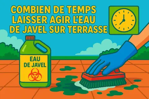 Une main gantée frotte une terrasse avec une brosse. Une bouteille d'eau de Javel et une horloge sont visibles. Combien de temps laisser agir eau de javel sur terrasse ?