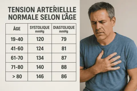 Tableau de tension artérielle normale par âge. Un homme se tient la poitrine, l'air inquiet. La tension systolique pour 71-80 ans est de 140, la diastolique de 88.