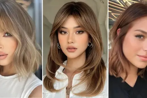 Tres estilos de cortes de pelo para cara ovalada: bob con flequillo, melena escalada y lob ondulado.