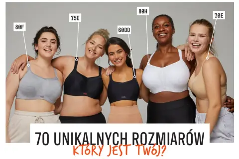 Pięć kobiet w różnych rozmiarach biustonoszy: 80F, 75E, 60DD, 80H, 70E. Jaki to rozmiar?