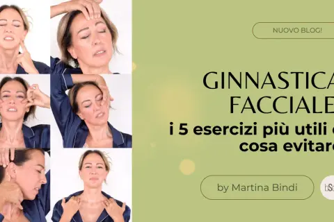 Collage of a woman performing facial exercises, with text overlay "Ginnastica Facciale".