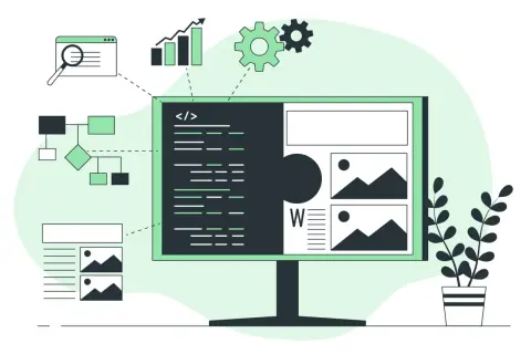 Analiza kodu i elementów strony internetowej. Wykresy, schematy blokowe i lupa wskazują na audyt strony internetowej.