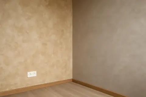 Coin de mur avec une peinture effet taloche beige clair et une autre murale gris taupe. Plinthe en bois et prise électrique blanche.