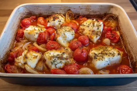 Ugnsbakad torskfile med körsbärstomater och lök. Perfekt innertemp för en saftig fisk.