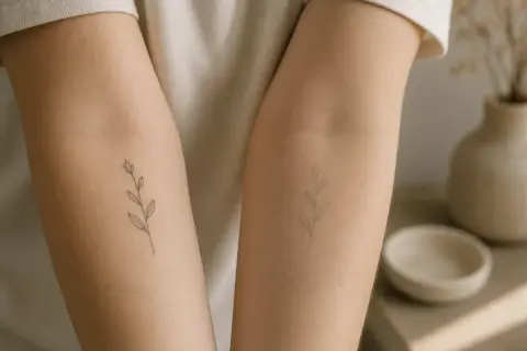 Zwei Arme mit zarten, minimalistischen Tattoos von Zweigen. Ein dezenter Hauch von Natur, der die Haut schmückt.