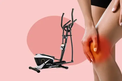Crosstrainer für sanftes Training bei Kniearthrose. Ein Bein hält schmerzendes Knie, das Gerät steht daneben.