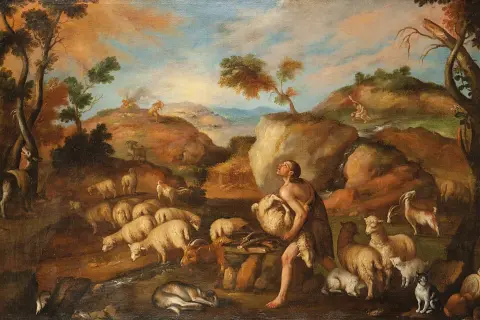 Adam, ojciec Kaina i Abla, z owcami i kozami na tle biblijnego krajobrazu.