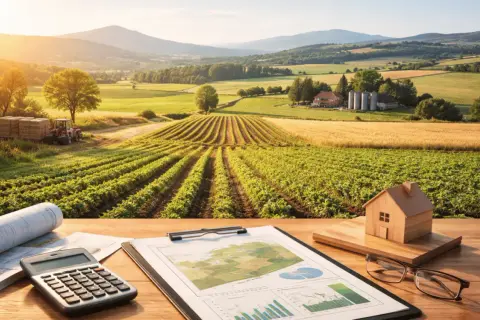 Pianificazione per un mutuo per terreno edificabile: calcolatrice, progetti e modello di casa su un tavolo con vista su un paesaggio agricolo al tramonto.