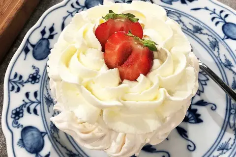 En liten pavlova med fluffig grädde och färska jordgubbar på en vacker blåvit tallrik. En perfekt liten dessert!