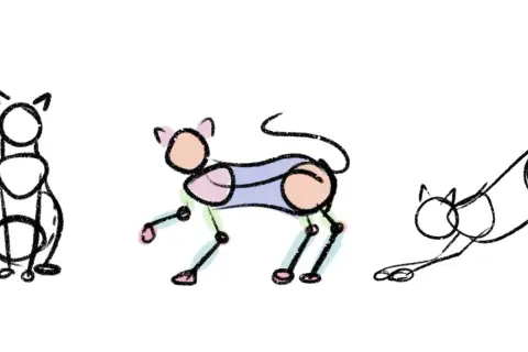 Bocetos de gatitos en diferentes poses. Uno sentado, otro a cuatro patas con colores pastel, y uno estirándose.