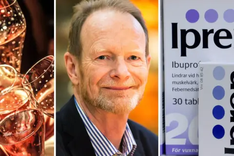 Glas med bubblor, en man och en medicinförpackning. Varning för paroxetin alkohol.