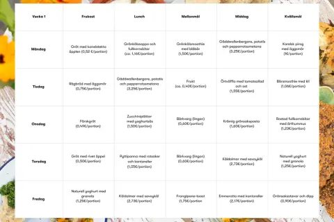 Veckans matsedel för vecka 1 visar en detaljerad plan för frukost, lunch, mellanmål, middag och kvällsmål för varje dag.