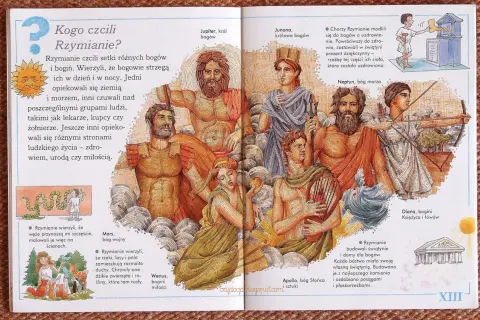 Ilustracja przedstawia panteon bogów rzymskich, w tym Jowisza, Junonę, Neptuna, Marsa, Wenus, Apollina i Dianę.