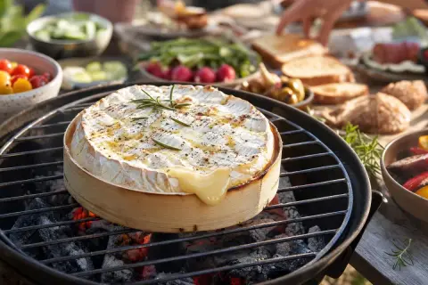 Un camembert au barbecue, fondant et parfumé, est le cœur d'un repas en plein air. Des légumes et du pain complètent ce délice.