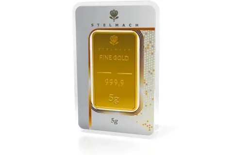 Złota sztabka 5g "FINE GOLD" w opakowaniu z certyfikatem.