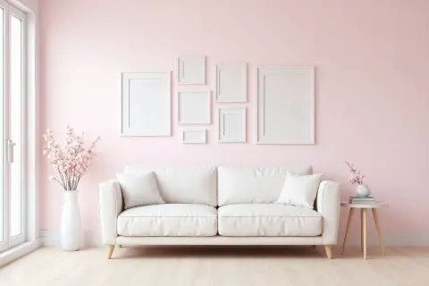 Jasna sofa w kolorze śmietankowym i białym, otoczona pastelową różową ścianą, z pustymi ramkami i kwitnącymi gałązkami.